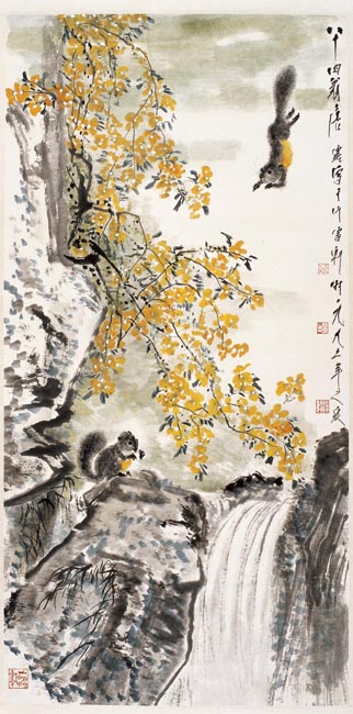 唐云 迎春花松鼠图 137.5x68.5cm