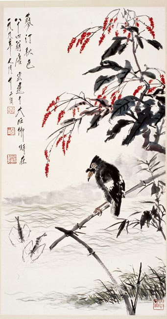 唐云 八哥红蓼图 86x47cm