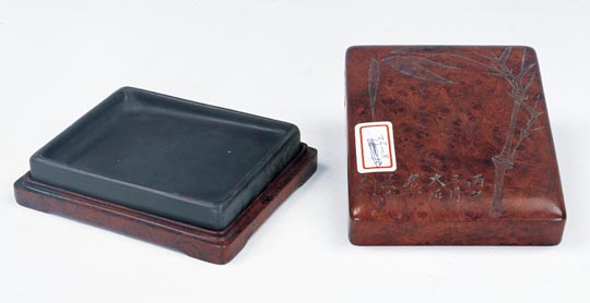 现代 澄泥砚 唐云画 长茂刻砚盖 10.4x8.3x1.5cm