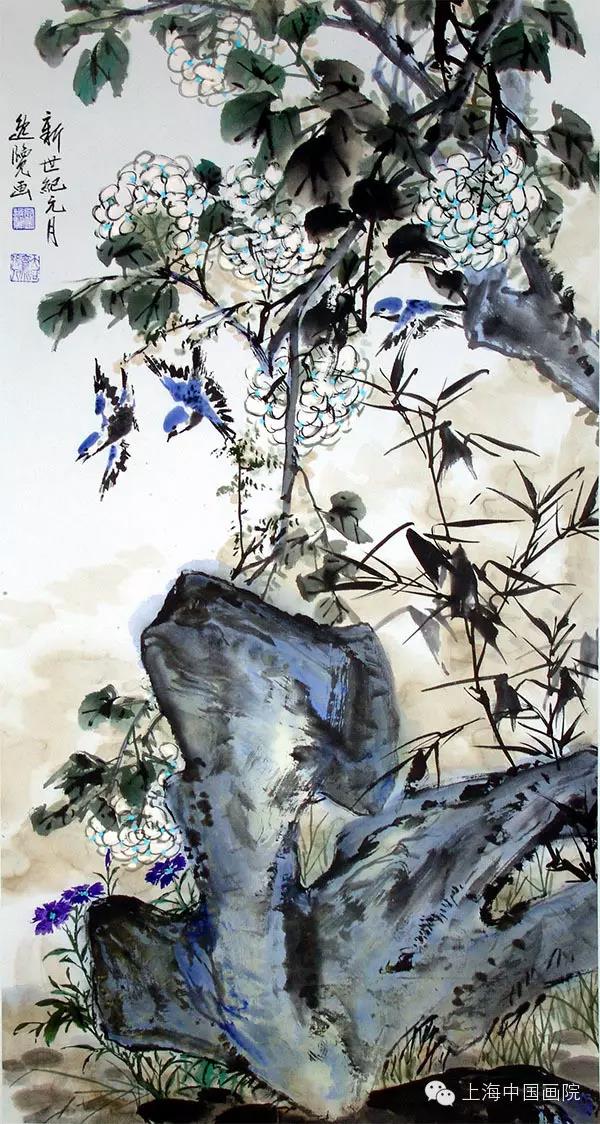 竹雀。绣球花90*48 2001年上海中国画院藏
