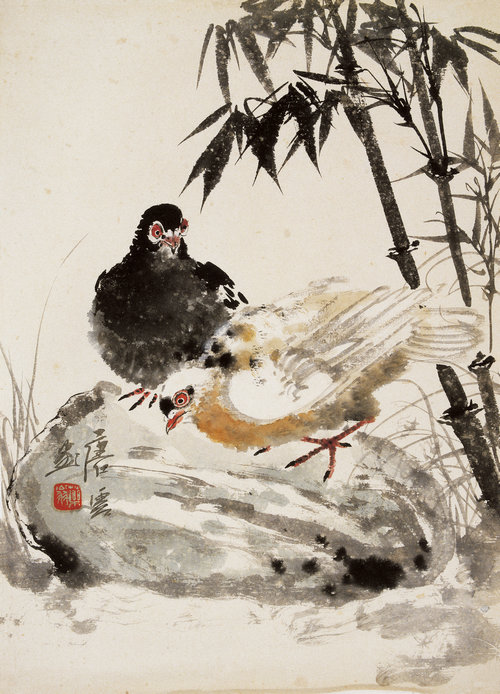 竹石双鸽